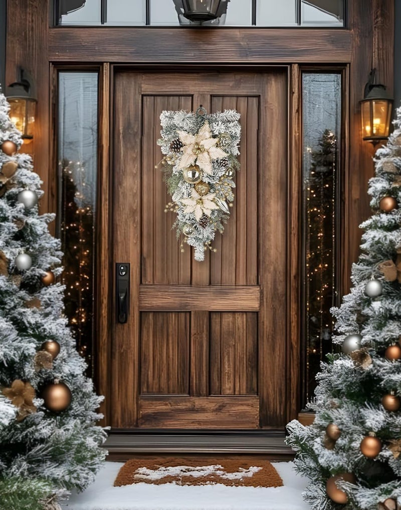 Arborus 27.5" Artificial Christmas Teardrop Swag with Champagne Poinsettia, Pine Cones, Berries & Ornaments, White Cedar Branch Base for Christmas Thanksgiving Winter Holiday Front Door and Wall Decoration - Image 5